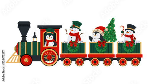 Toy Christmas train with funny snowmen and penguins. Christmas train. Steam train with wagons decorated Christmas wreaths and bows. Flat illustration on white background.