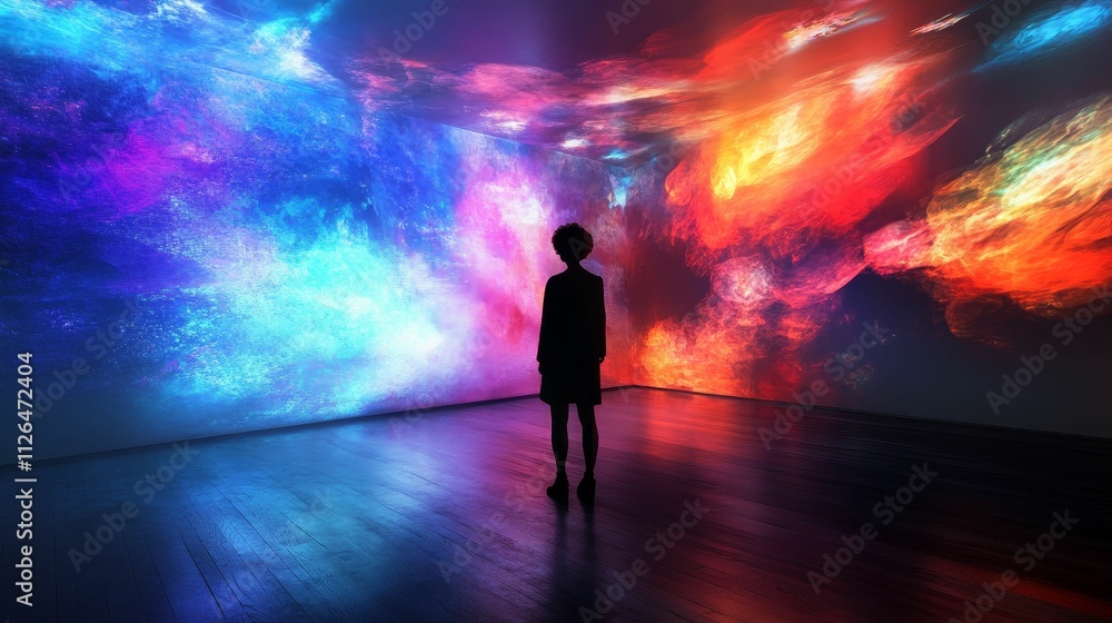 Silhouette observes vibrant, colorful, immersive display. Silhouette observes vibrant, colorful, immersive display.