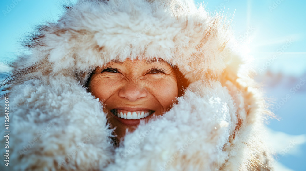 A woman wearing a fur coat and smiling A woman wearing a fur coat and smiling