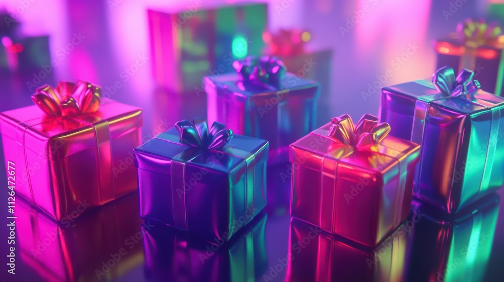 A vibrant collection of wrapped gift boxes with bows sits against a reflective background. A vibrant collection of wrapped gift boxes with bows sits against a reflective background.
