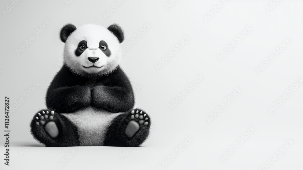 A cute panda sitting contentedly on a spotless white background, its black-and-white fur creating a striking contrast. A cute panda sitting contentedly on a spotless white background, its black-and-white fur creating a striking contrast.