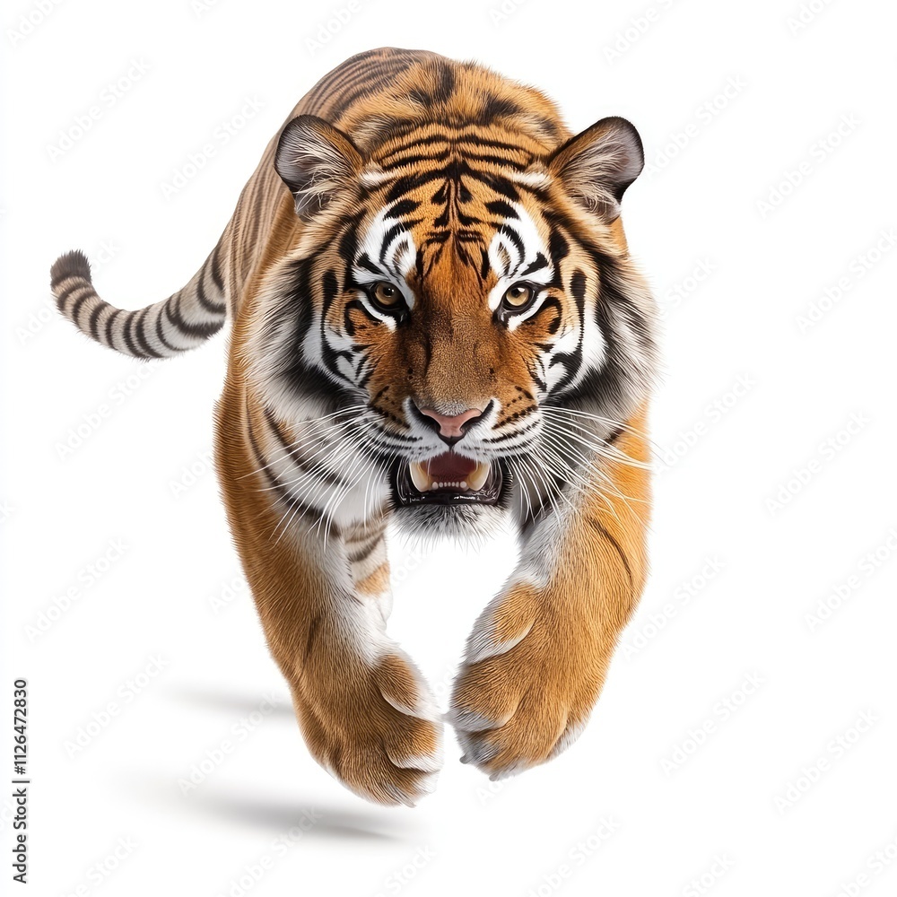Majestic Tiger Running at Full Speed with Intense Expression Captured in Stunning Detail Against a White Background Majestic Tiger Running at Full Speed with Intense Expression Captured in Stunning Detail Against a White Background