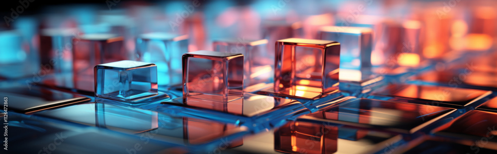 Abstract background of reflective neon purple, blue and orange glass cubes with copy space Abstract background of reflective neon purple, blue and orange glass cubes with copy space