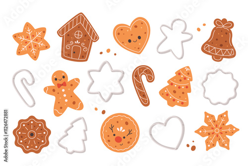 Gingerbread Cookies and cookie cutters collection. Christmas cookies with icing. Vector illustration in flat style