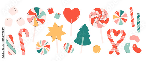 Christmas sweets and candies collection. Lollipops, marshmallows, candy canes, jelly beans. Vector illustration in flat style