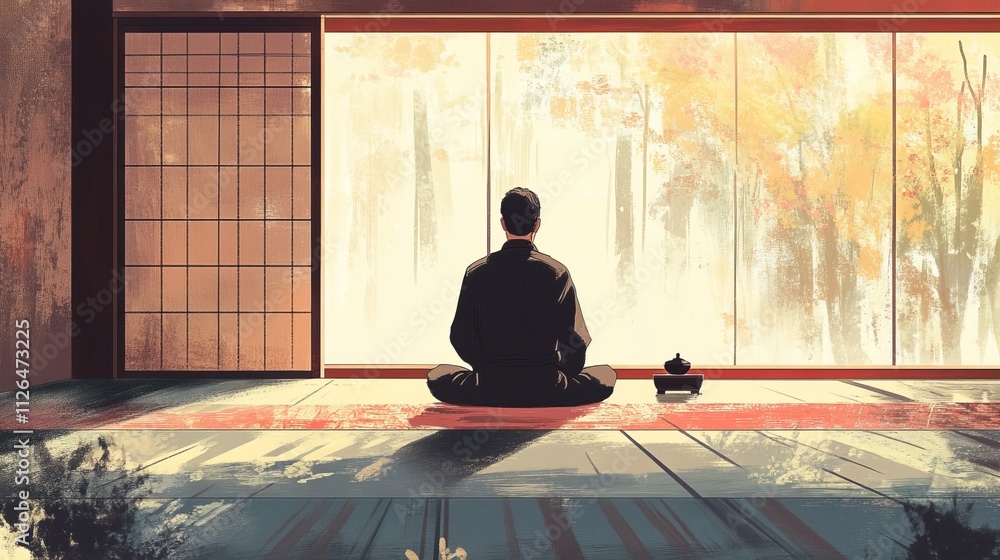 Serene meditation scene, autumn morning, man in contemplation, tranquil Japanese room, sunlit interior, peaceful ambiance Serene meditation scene, autumn morning, man in contemplation, tranquil Japanese room, sunlit interior, peaceful ambiance