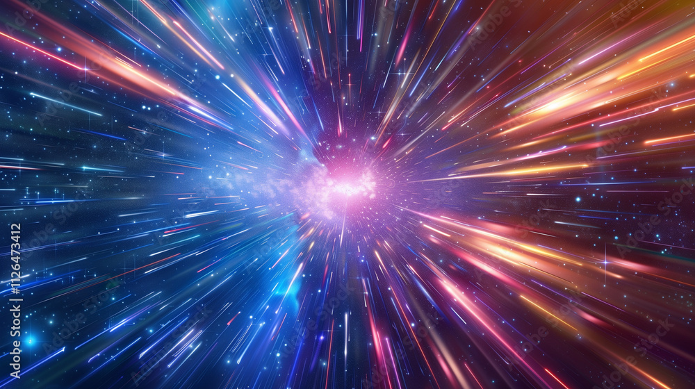 An explosive burst of light pierces the darkness of the universe, with sparkling colors and dynamic streaks depicting cosmic energy and motion An explosive burst of light pierces the darkness of the universe, with sparkling colors and dynamic streaks depicting cosmic energy and motion