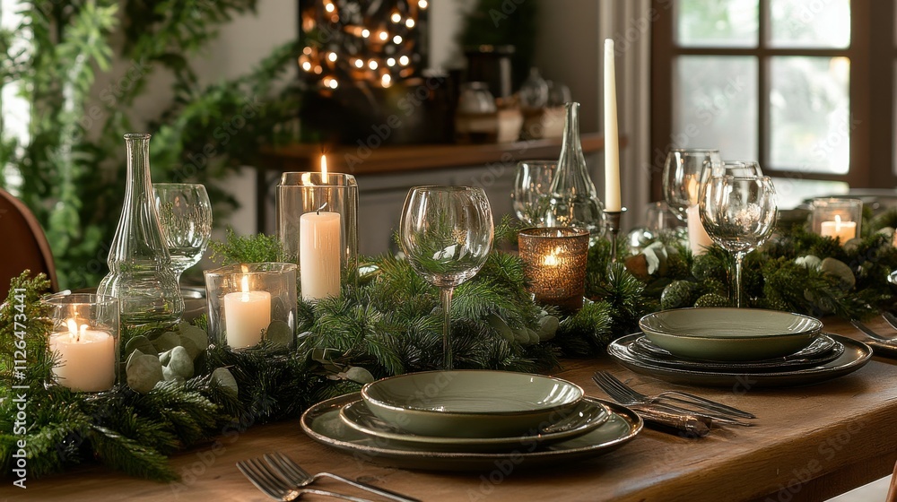 A festive table with candles, greenery, and elegant dinnerware, evoking warmth and sustainability. A festive table with candles, greenery, and elegant dinnerware, evoking warmth and sustainability.