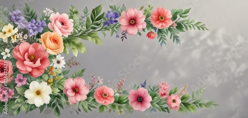 Watercolor floral border with a variety of flowers and greenery, wild pea, flowers, watercolor, cornflowers