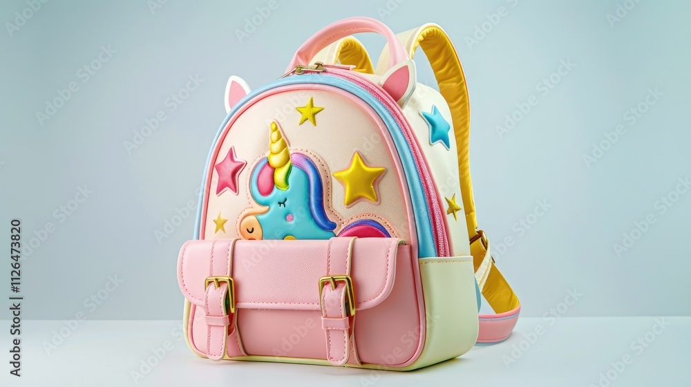 A cute, unicorn-themed backpack with a pastel, rainbow design, isolated on a white background, delightful for a young girl A cute, unicorn-themed backpack with a pastel, rainbow design, isolated on a white background, delightful for a young girl