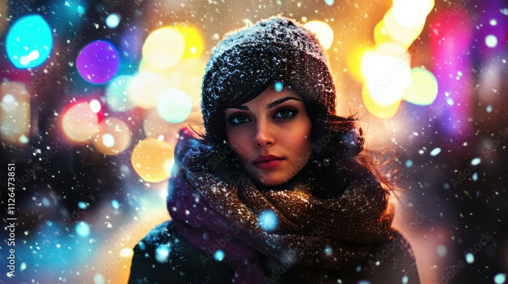 A young woman dressed warmly stands amidst falling snow, surrounded by colorful urban lights at night. Her confident expression reflects the lively atmosphere of the bustling city around her. A young woman dressed warmly stands amidst falling snow, surrounded by colorful urban lights at night. Her confident expression reflects the lively atmosphere of the bustling city around her.