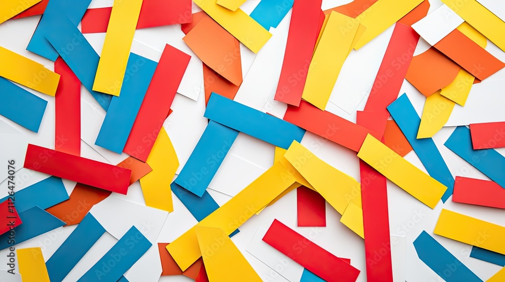 Naklejka premium Colorful Abstract Composition of Randomly Arranged Strips of Paper in Blue, Red, Yellow and White on a Bright Surface