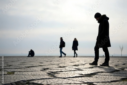 An abstract representation of social isolation, with empty spaces and fragmented silhouettes, Illustrating the theme of loneliness and disconnectedness