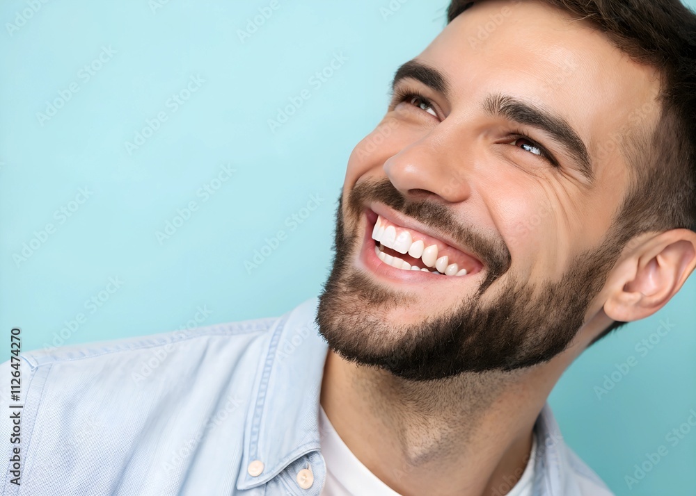 Fototapeta premium Close up view of happy man with white teeth smiling broadly. Man beard, wearing light colored shirt. Pastel blue background. Image suitable for dentistry clinic ad. Concept teeth whitening, healthy