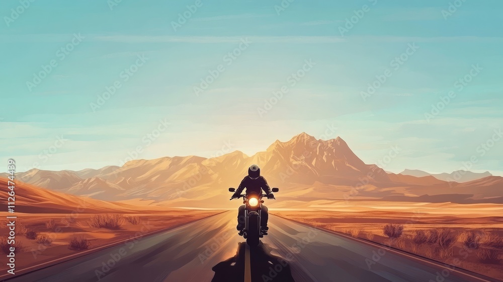 Adventure road trip, motorcycle at sunset, scenic mountain landscape, highway silhouette, desert riding journey Adventure road trip, motorcycle at sunset, scenic mountain landscape, highway silhouette, desert riding journey