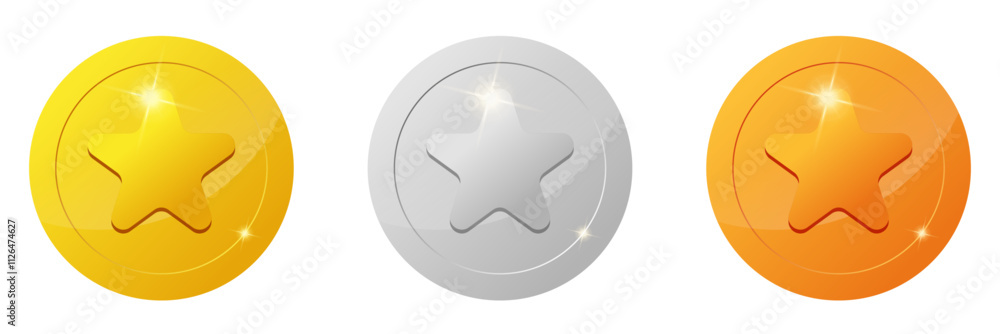 set of gaming coins design element. Gold, silver, bronze ranking medal coins. star icon for video game UI or app animation. reward and cash treasure concept for casino set of gaming coins design element. Gold, silver, bronze ranking medal coins. star icon for video game UI or app animation. reward and cash treasure concept for casino