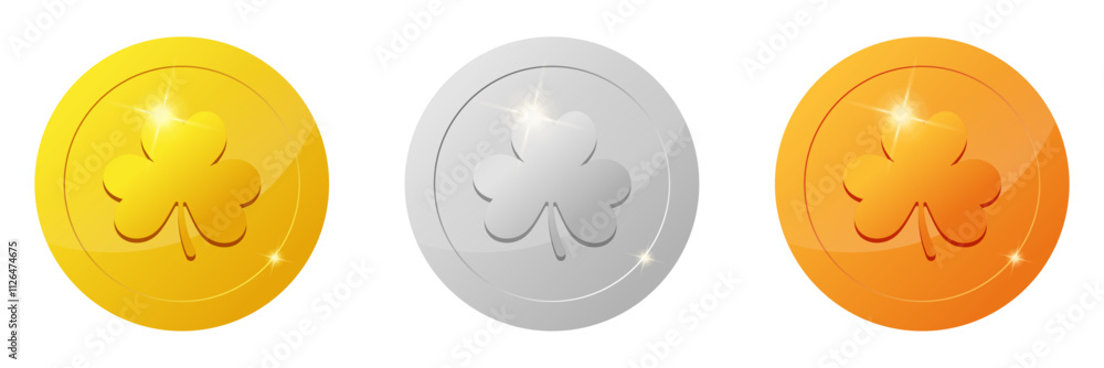 set of gaming coins design element. Gold, silver, bronze ranking medal coins. clover leaf icon for video game UI or app animation. reward and cash treasure concept for casino set of gaming coins design element. Gold, silver, bronze ranking medal coins. clover leaf icon for video game UI or app animation. reward and cash treasure concept for casino