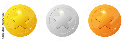 set of gaming coins design element. Gold, silver, bronze ranking medal coins. star icon for video game UI or app animation. reward and cash treasure concept for casino