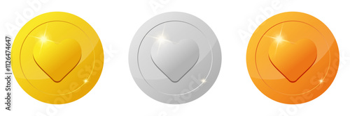 set of gaming coins design element. Gold, silver, bronze ranking medal coins. heart icon for video game UI or app animation. reward and cash treasure concept for casino