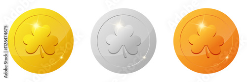 set of gaming coins design element. Gold, silver, bronze ranking medal coins. clover leaf icon for video game UI or app animation. reward and cash treasure concept for casino