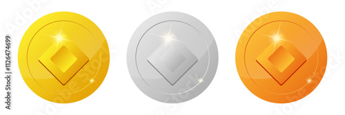 set of gaming coins design element. Gold, silver, bronze ranking medal coins. coin icon for video game UI or app animation. concept reward and cash treasure  for casino
