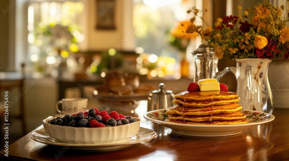 Delicious Breakfast with Pancakes and Berries Delicious Breakfast with Pancakes and Berries