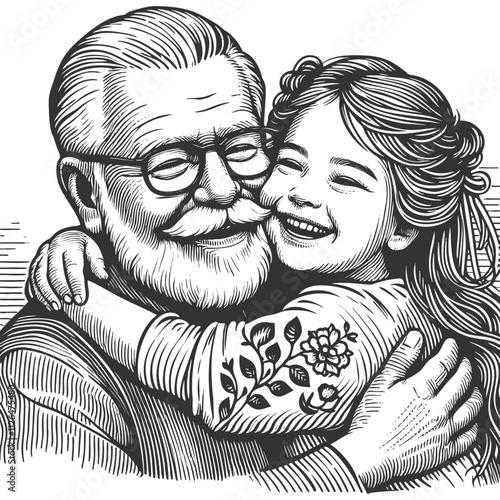 joyful grandfather embracing his smiling granddaughter, family love and generational bonds sketch engraving generative ai vector illustration. Scratch board imitation. Black and white image