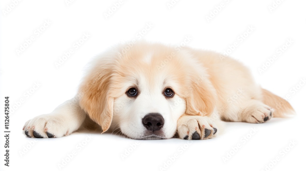 Cute fluffy puppy with gentle gaze lying down on a clean white background, showcasing softness and charm for stock photography Cute fluffy puppy with gentle gaze lying down on a clean white background, showcasing softness and charm for stock photography