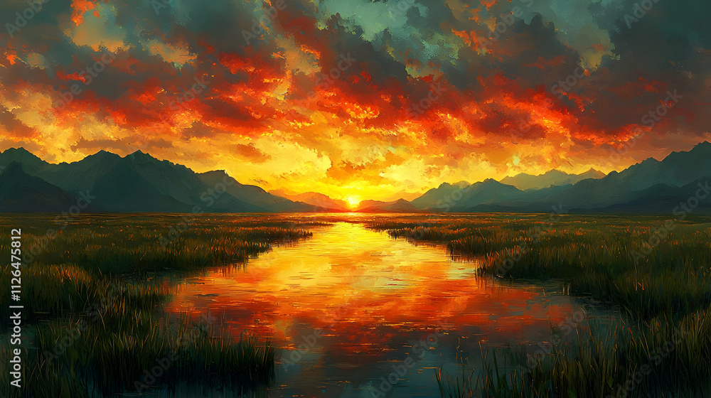 Fiery Sunset over Mountains, River Reflects Vivid Colors Fiery Sunset over Mountains, River Reflects Vivid Colors