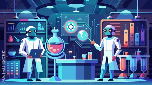 Two robots in a lab with a laptop and a cup of coffee