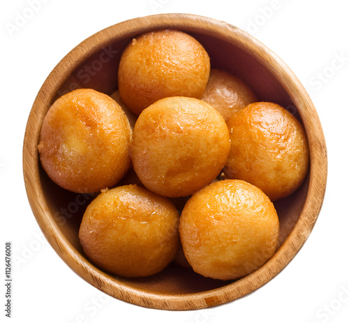 sweets Badusha (Balushahi) in a wooden bowl isolated on top view. isolated on a transparent background, top view, PNG.