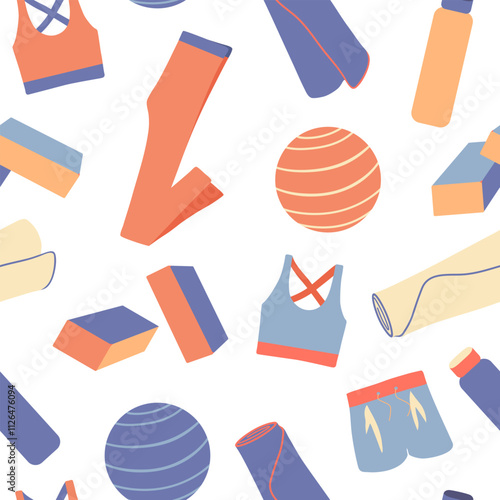 Fitness equipment vector seamless pattern. Sport tools and active wear repeated design on white background. Colorful yoga mat, yoga bricks, water bottle, pilates ball, sports bra, shorts and leggings
