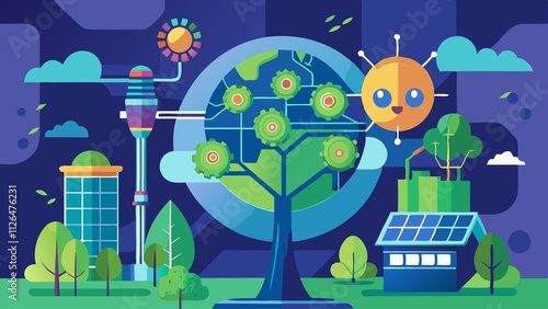 A cartoonish drawing of a tree with a sun and a smiling face on it