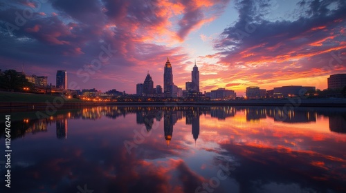 stunning city skyline at sunset with reflections in water