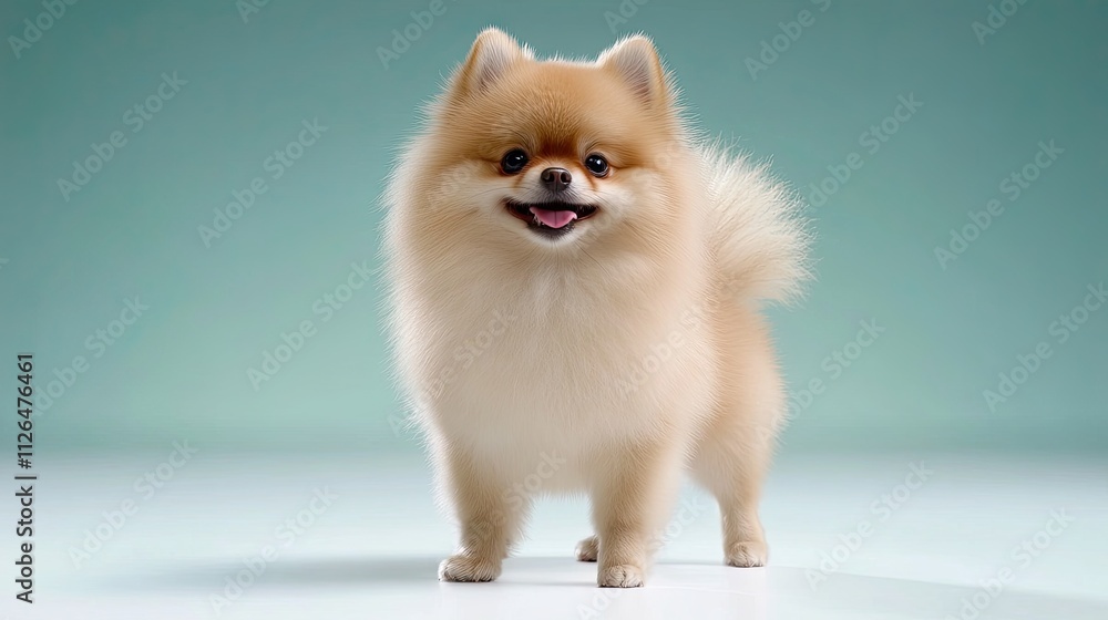 Adorable fluffy Pomeranian dog standing on a light background with a joyful expression and playful demeanor Adorable fluffy Pomeranian dog standing on a light background with a joyful expression and playful demeanor