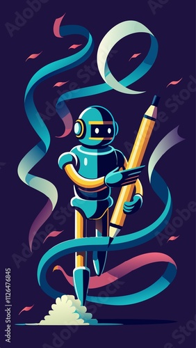A robot is holding a pencil and is surrounded by a colorful ribbon