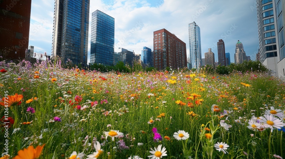 A lush urban green space flourishes with vibrant wildflowers, showcasing biodiversity amidst the concrete jungle of a bustling city center. A lush urban green space flourishes with vibrant wildflowers, showcasing biodiversity amidst the concrete jungle of a bustling city center.