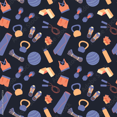 Sport equipment vector seamless pattern. Gym workout tools and activewear repeated design on dark background. Yoga mat, kettlebell, dumbbell, resistance band. Yoga, pilates and home exercise concept
