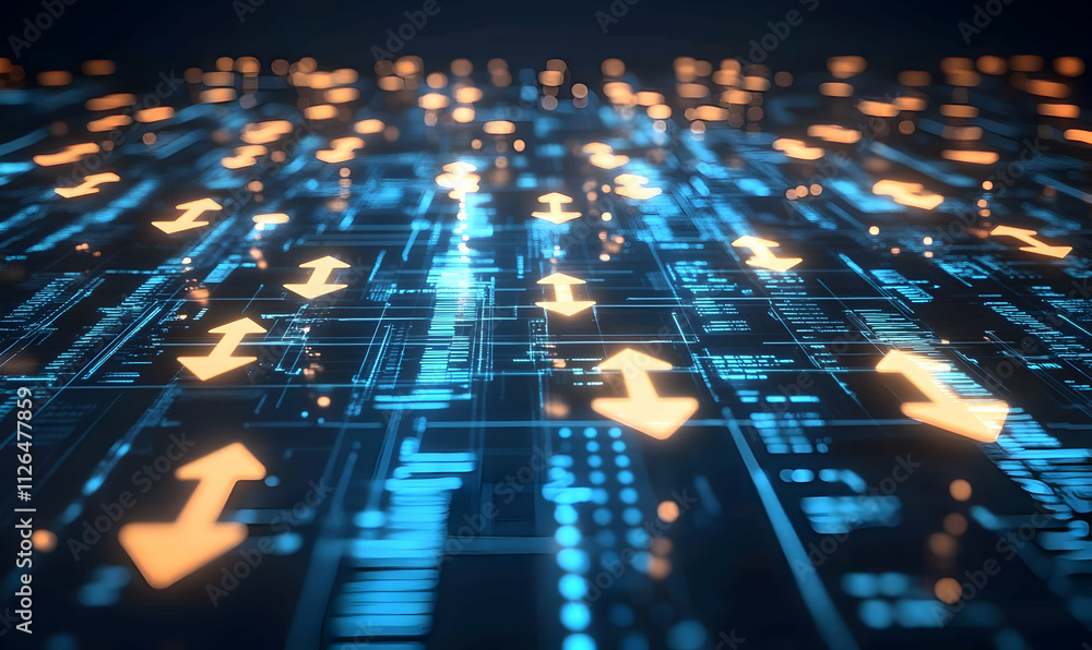 Abstract digital data flow visualization with glowing arrows indicating upward and downward trends on a futuristic circuit board. Perfect for tech, finance, and data analysis concepts. Abstract digital data flow visualization with glowing arrows indicating upward and downward trends on a futuristic circuit board. Perfect for tech, finance, and data analysis concepts.