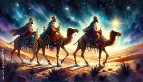 Three King's Day - Epiphany - Three Magi visiting Jesus Christ bringing Gifts riding on camels - Januari 6th - Biblical Magi, Three Wise Men - Epiphanytide - Son of God and Child - Christmas
