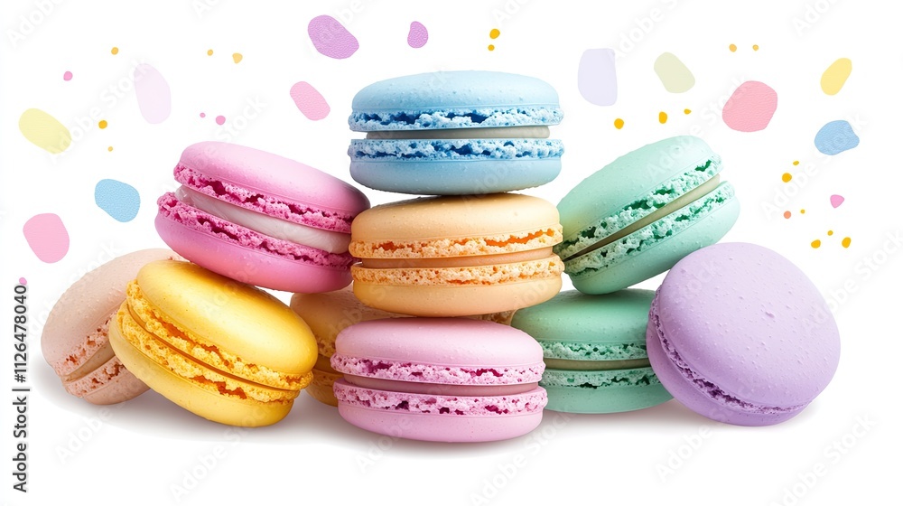 Obraz premium Colorful Macarons Stacked Together with Abstract Shapes and Pastel Background for Sweet Treats and Desserts