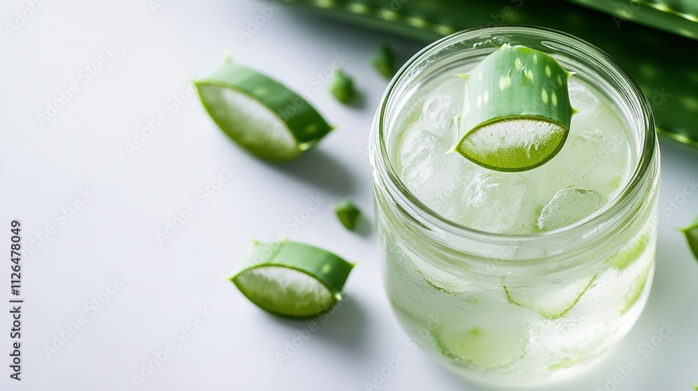 Fresh aloe vera drink with ice and sliced leaves Fresh aloe vera drink with ice and sliced leaves