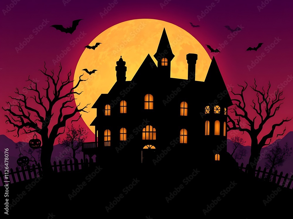 Spooky Halloween Haunted House Silhouette Under a Full Moon. AI Generated Spooky Halloween Haunted House Silhouette Under a Full Moon. AI Generated