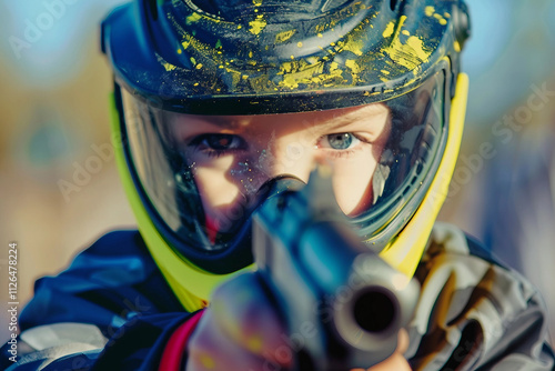 Dynamic paintball player in action with vibrant splashes of color - Generative AI artwork photo