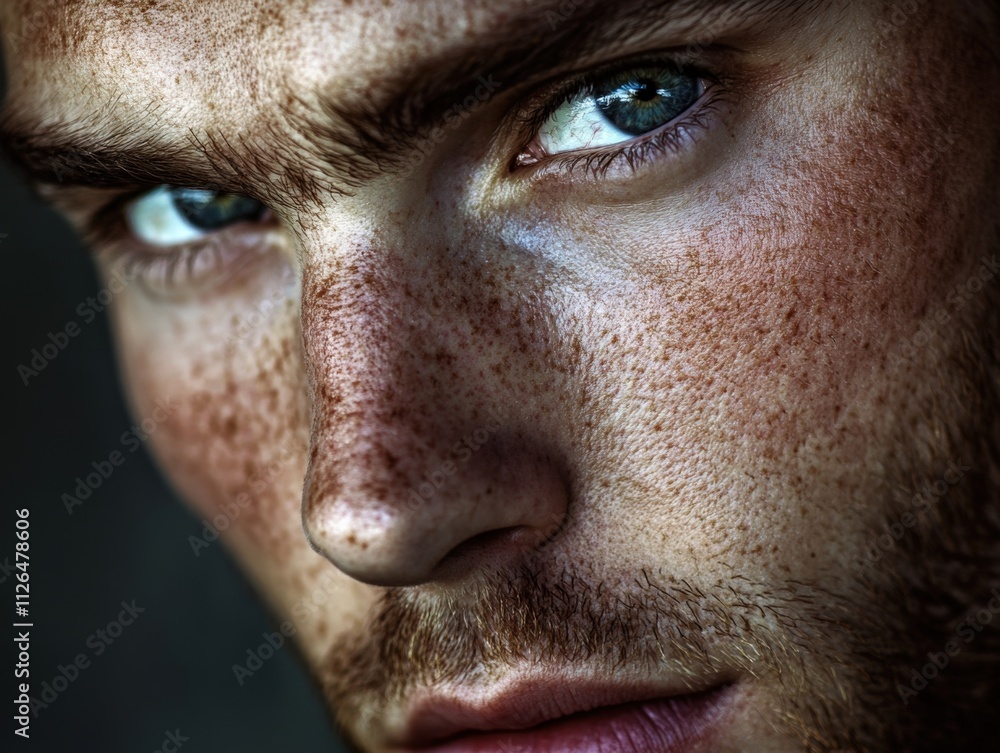 close-up portrait of a person with freckles and intense gaze close-up portrait of a person with freckles and intense gaze