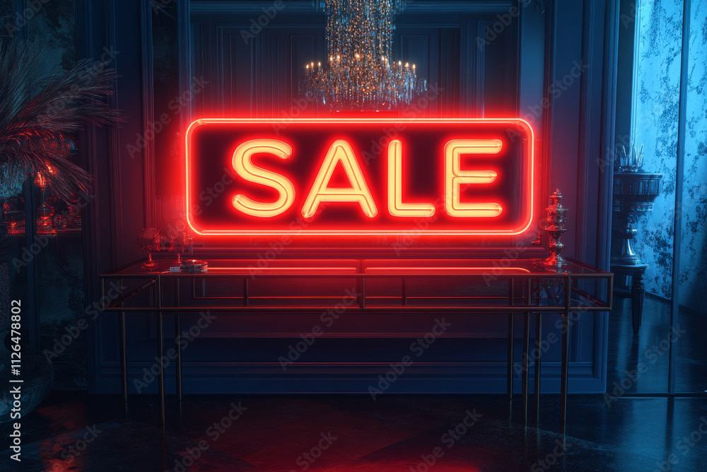A vibrant neon SALE sign illuminates stylish interior, creating an inviting atmosphere for shoppers. elegant decor enhances excitement of sale event A vibrant neon SALE sign illuminates stylish interior, creating an inviting atmosphere for shoppers. elegant decor enhances excitement of sale event