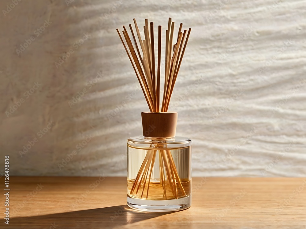 Reed diffuser bottle sits on wooden surface against textured wall Reed diffuser bottle sits on wooden surface against textured wall