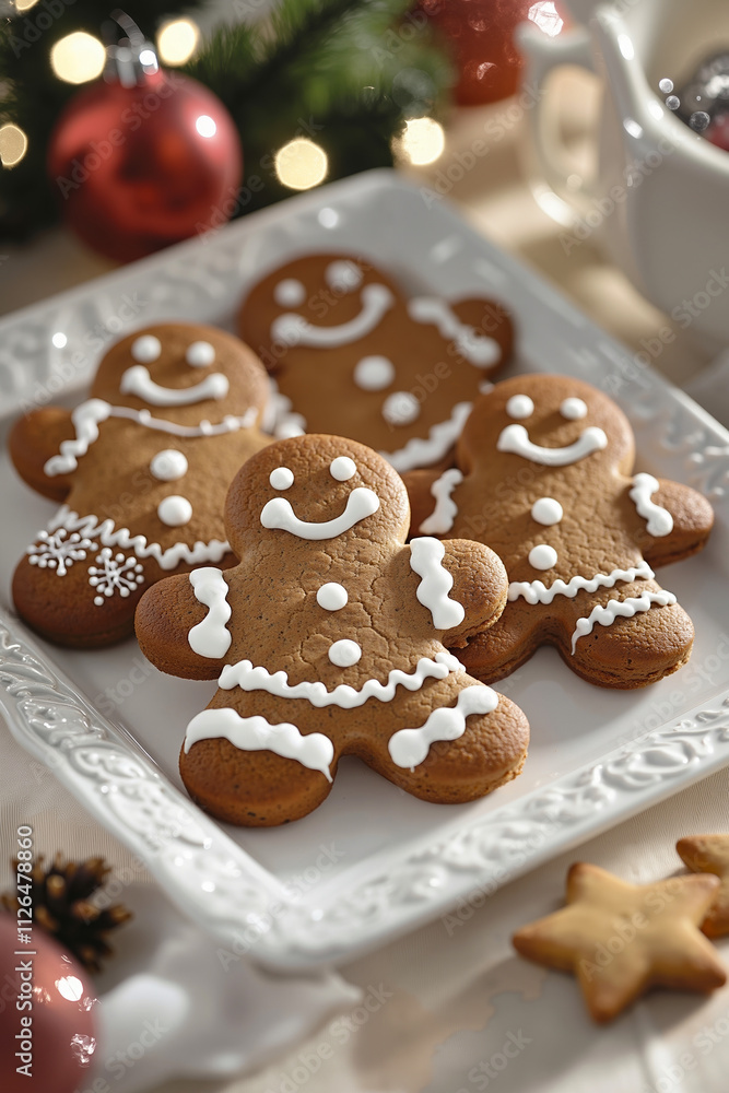A plate of gingerbread cookies on a white plate with a cup of coffee A plate of gingerbread cookies on a white plate with a cup of coffee
