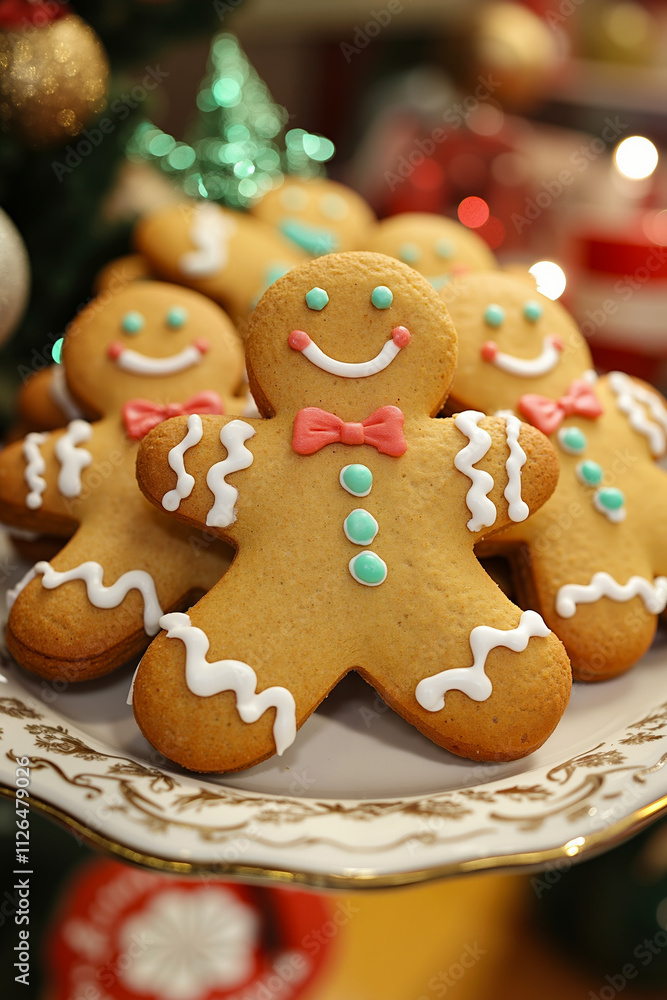 A plate of gingerbread cookies on a table with a christmas tree in the background A plate of gingerbread cookies on a table with a christmas tree in the background