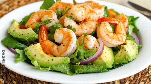 Fresh Shrimp and Avocado Salad with Greens, Red Onion, Seasonal Ingredients and Flavorful Dressing on White Plate photo